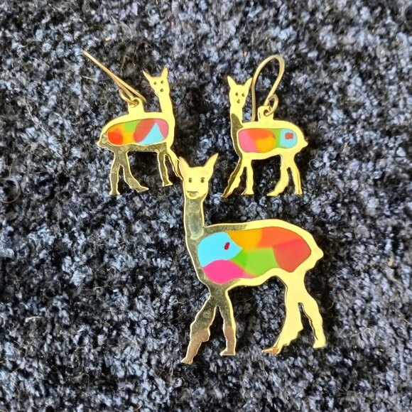 Handcrafted Sterling Silver & Glass Alpaca Brooch and Earrings Set by Krystyna's - Picture 4 of 7